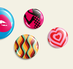 Assorted glossy pop-art buttons with lips, checkerboard, wavy stripes, and heart designs.