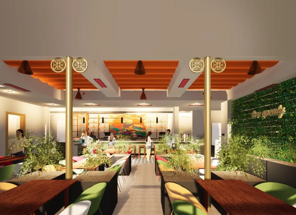 Gordon Ramsay at The Carnaby dining room concept with colorful seating, greenery, gold columns, and a bar.