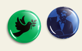 Two glossy round buttons, one green with a dove and one blue with a portrait silhouette.