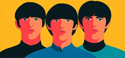 Stylized illustration of John Lennon, Paul McCartney and George Harrison against a yellow background.
