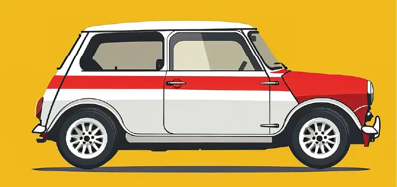 An illustration of a white car with a red accent stripe against a yellow background