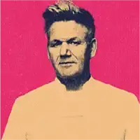 Gordon Ramsay against a pink background