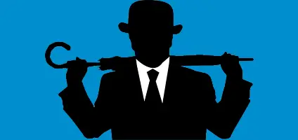 A silhouette of a man holding an umbrella against a blue background